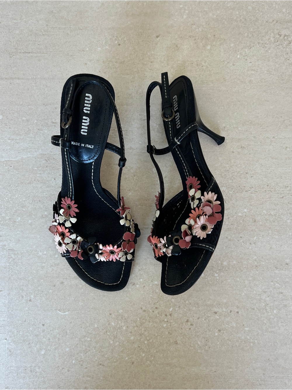 Miu Miu Black Sandal with Pink and Cream Floral Appliqué - Picture 2 of 7